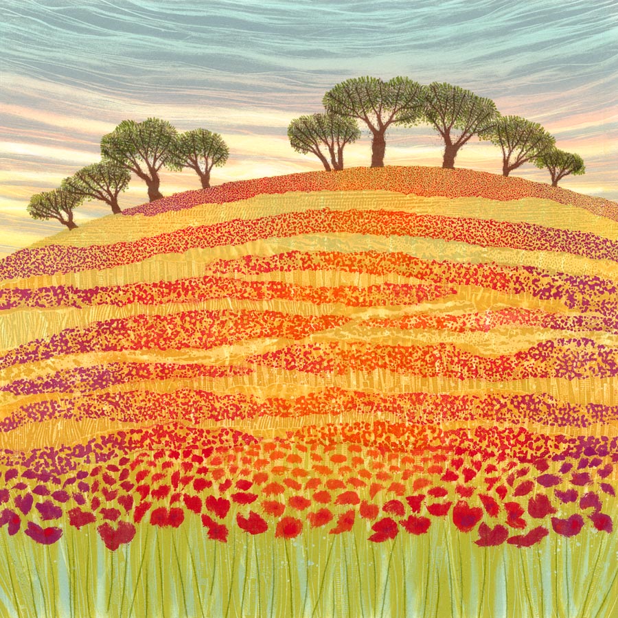 A glorious meadow with poppies in full bloom. I do these more summery pictures from time to time as a seasonal change from my more wintery work. I wanted to incorporate more varied shades of red and orange to give light and variety. rebecca-vincent.co.uk/twitter-welcome