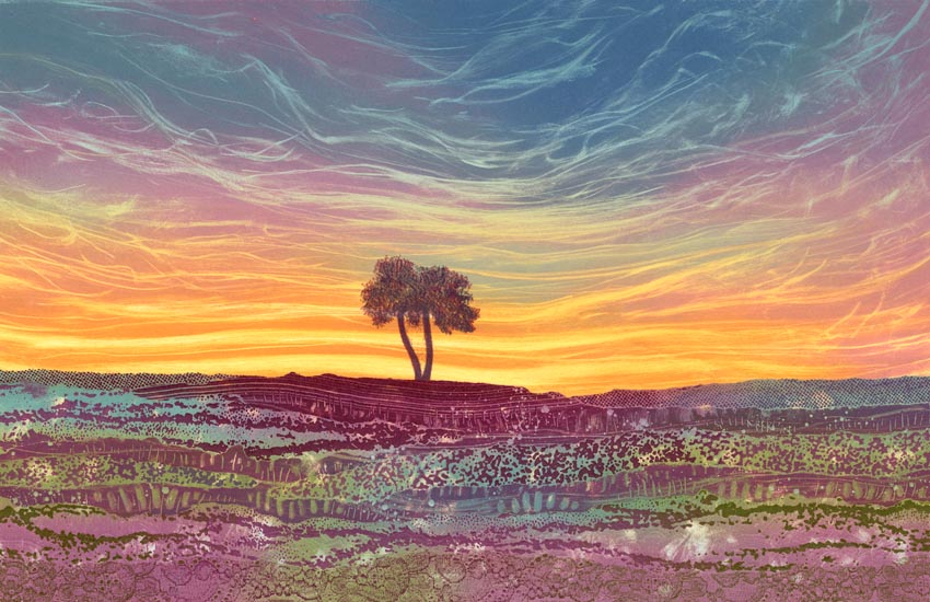 printreb's tweet photo. This lone tree, surrounded by a carpet of heather is a well known icon on Egton High Moor in North Yorkshire. I gave the view a glowing sunset light and used a variety of textures and colours to depict the heather. What do you think? https://t.co/cfMpFPd9bz #artonline #giclee https://t.co/R7o1ow8gUb