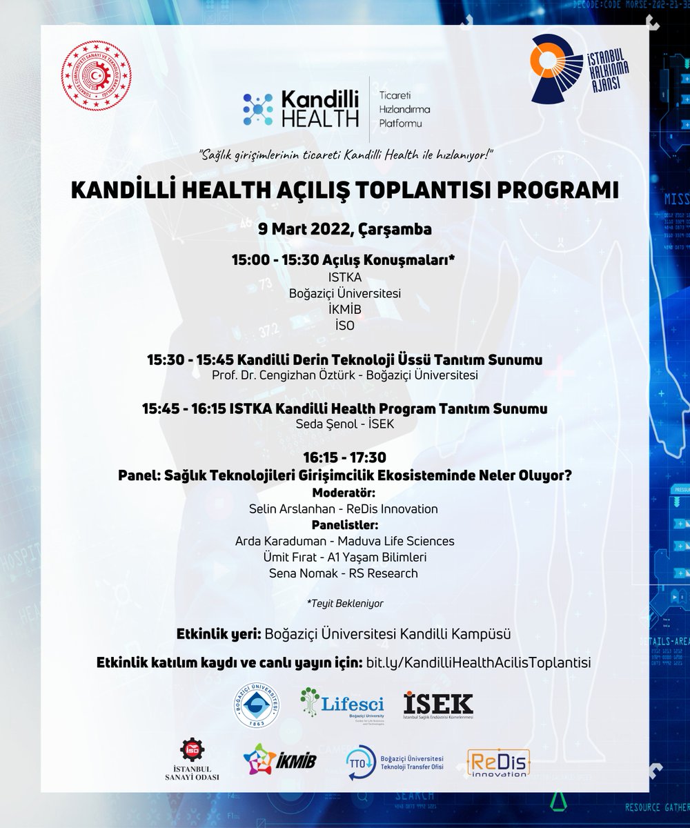 🚀<a href="/istkaorgtr/">İSTKA</a> desteğiyle sağlık girişimlerinin ticaretini hızlandırmak hedefiyle yürüttüğümüz #KandilliHealth Ticareti Hızlandırma Platformu'nun açılış toplantısı için 9 Mart Çarşamba günü saat 15:00'te <a href="/UniBogazici/">Boğaziçi Üni.</a> Kandilli Kampüsü'nde buluşuyoruz!
Kayıt: bit.ly/KandilliHealth…