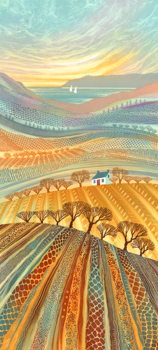 'Heaven On Earth' is the latest in my series of patchwork landscapes. It seems to have a child's view of the landscape with the curving striped fields and distant sea. rebecca-vincent.co.uk/product-page/h…