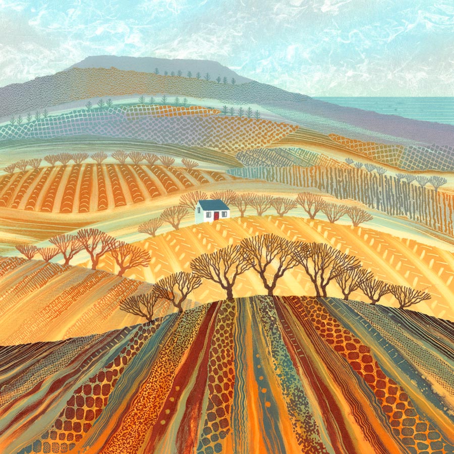 With this landscape, I returned to my earlier theme of seeing the landscape as a patchwork of fields. I can represent different uses of the land with textures and patterns. rebecca-vincent.co.uk/product-page/l…