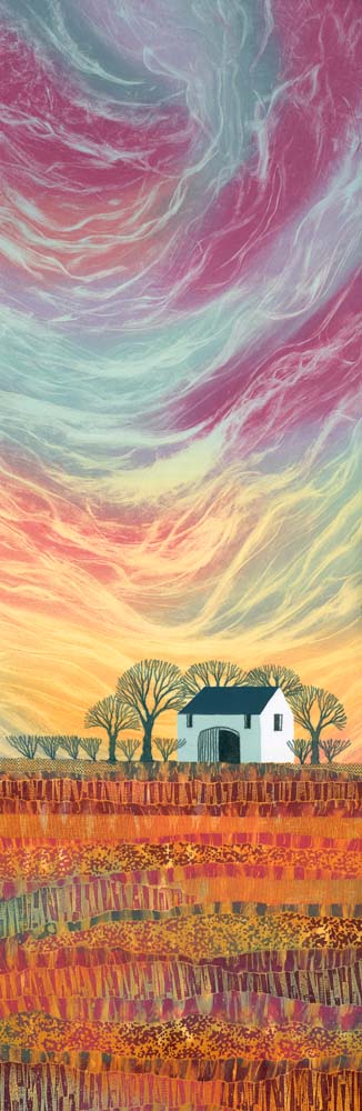 Open Door: Click to view! This really tall format has been fun to work with. Handy for narrow spaces! The contrast between the feathery mark-making of the sky and the intense patterns of the land give balance to this composition. Giclee print #countrylife rebecca-vincent.co.uk/product-page/o…