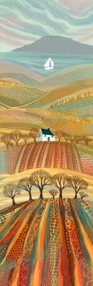 The very tall format of this piece gave me the scope to include all my favourite elements: the sea, hills, valleys and trees. I'd draw hills and cottages when I was a girl and this picture retains those qualities of a child-like view of the world. 
rebecca-vincent.co.uk/product-page/p…