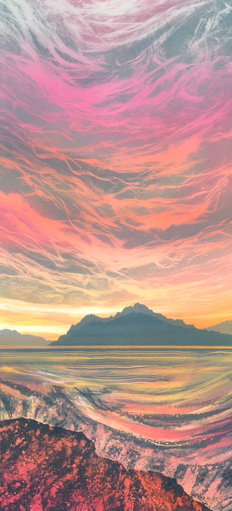 A TALL ONE 'Rosy-fingered Dawn' uses a new (for me) colour palette of translucent vermillion and magenta overprinted with greys and mauves. The result glows softly and has an air of tranquility. The title comes from a refrain in Homer's Odyssey. #seascape rebecca-vincent.co.uk/twitter-welcome