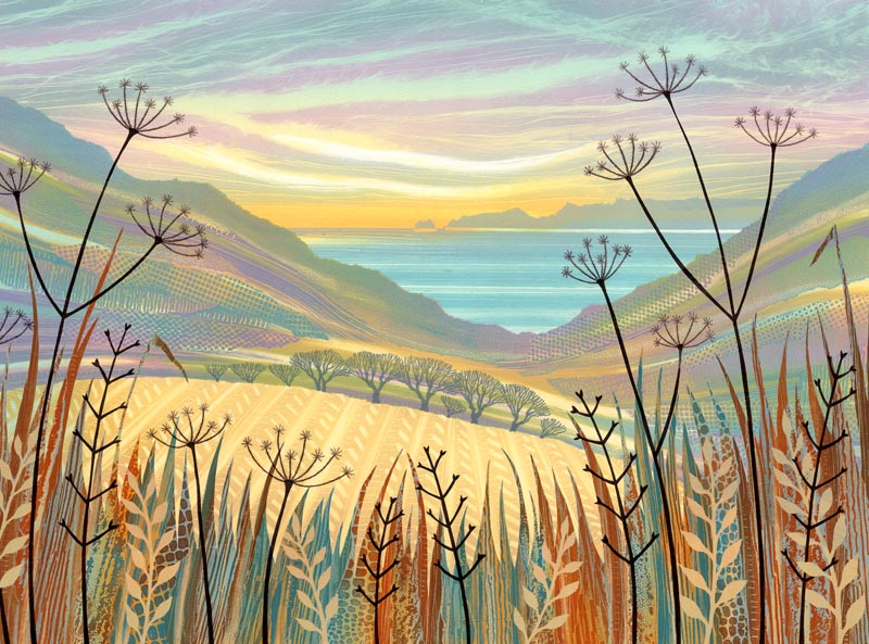 Sea View with Seedheads. After a few attempts, I discovered that a pale stubble field was the perfect contrast to the rich textures and spikey forms of the grasses and seed heads. Layers of ink give a sense of recession to a distant headland #nothumberland rebecca-vincent.co.uk/twitter-welcome