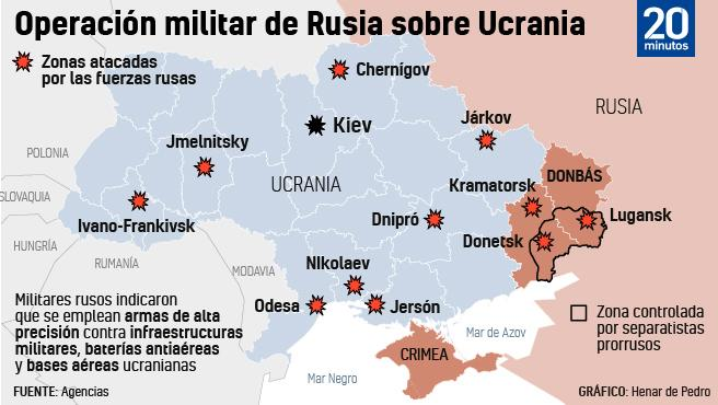 20m's tweet photo. 📌 El mapa de la guerra de Ucrania: 

Putin está bombardeando diferentes zonas del país, mientras sus tropas entran por la vía terrestre en Lugansks, Donbás y Donetsk 
https://t.co/3TB4yypkHL https://t.co/htg8STriXw