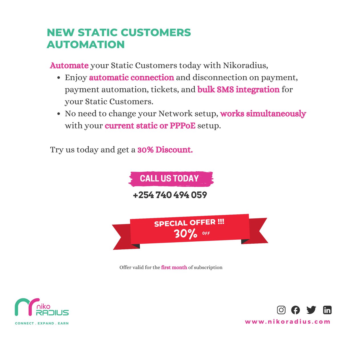 nikoradius's tweet photo. Do not be left out!📣📢automate 💯 the management of static customers today. A few days 🔜 left to enjoy the discount 🎊🤑🤑.
#nikoradius
#isps
#staticautomate
#ispbilling https://t.co/atxkaqeAaT