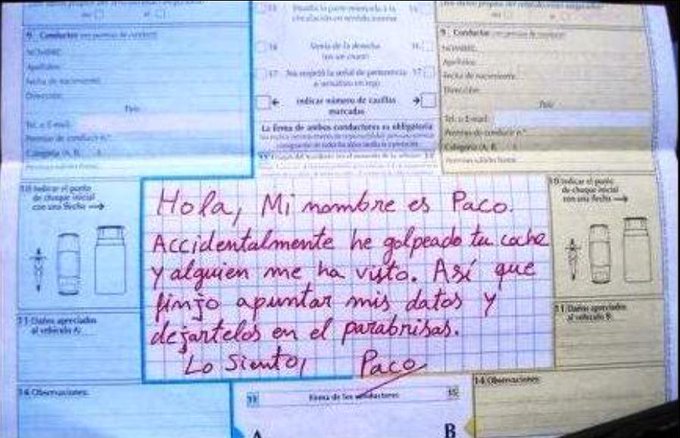 guardiacivil's tweet photo. Ayer 👤 "Paco" fue de compras al centro y aparcando arañó un vehículo 🚘. Después dejó un parte amistoso de accidente con la siguiente observación... 

Haz las cosas bien y da parte al seguro. ¡No me seas "Paco"! 

#MundoCívico #NoEsPorLaMulta https://t.co/rcqzMwZrKW