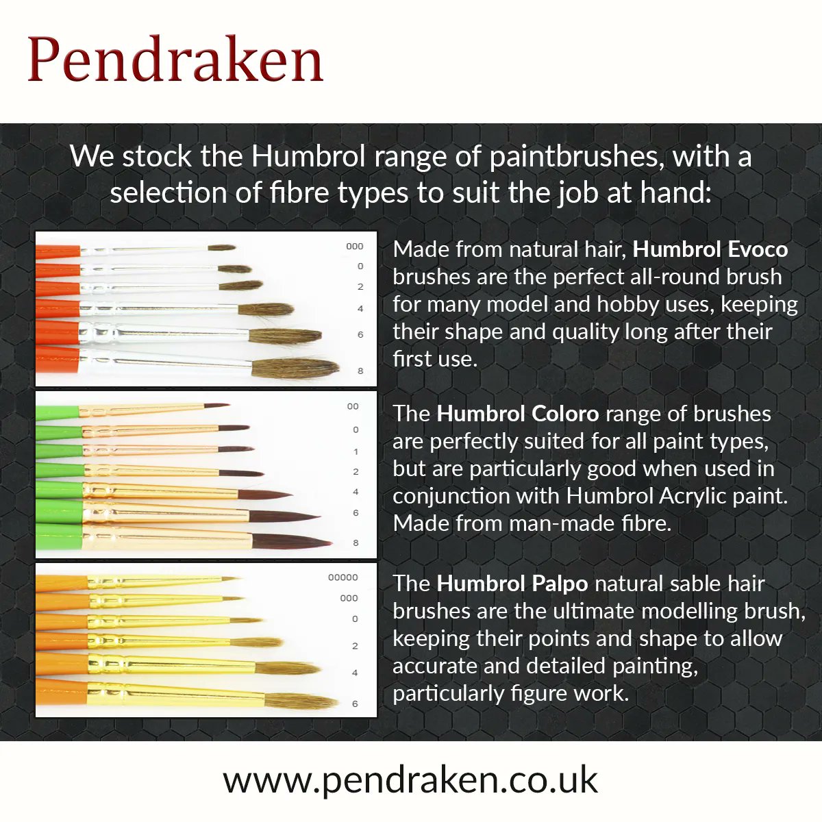 Minibits's tweet photo. We stock the Humbrol range of paintbrushes, in both individual and multipacks. Evoco are a natural hair, the Coloro range are synthetic fibres while the Palpo range are sable hair.  https://t.co/VsZOIOukIB  #pendraken #wargaming #paintbrushes #humbrol https://t.co/sxQ32ozGit