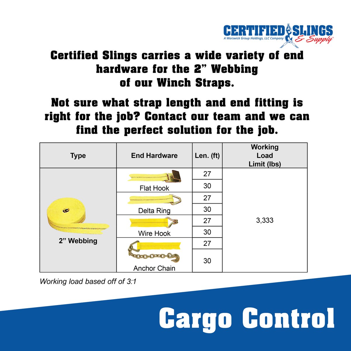 Not sure which winch strap you need for the job? Take a look at our selection of 2” straps and end hardware, or contact us for more information on all of our cargo control options. 800.486.5542 | sales@certifiedslings.com #winch #winchstraps #cargocontrol #cargo