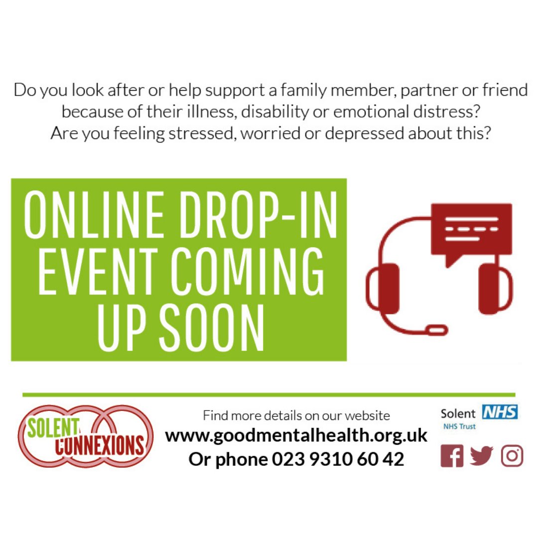 goodmhcoop's tweet image. Our Solent Connexions Online Hub can offer 1-1 sessions with our wellbeing team, to help you explore positive ways forward. Free, self-referral, for carers in Ports &amp;amp; SE Hants area. Find out more at next drop-in, Wed 2nd March, 4-5pm, on Zoom. Register at goodmentalhealth.org.uk/solent-connexi…