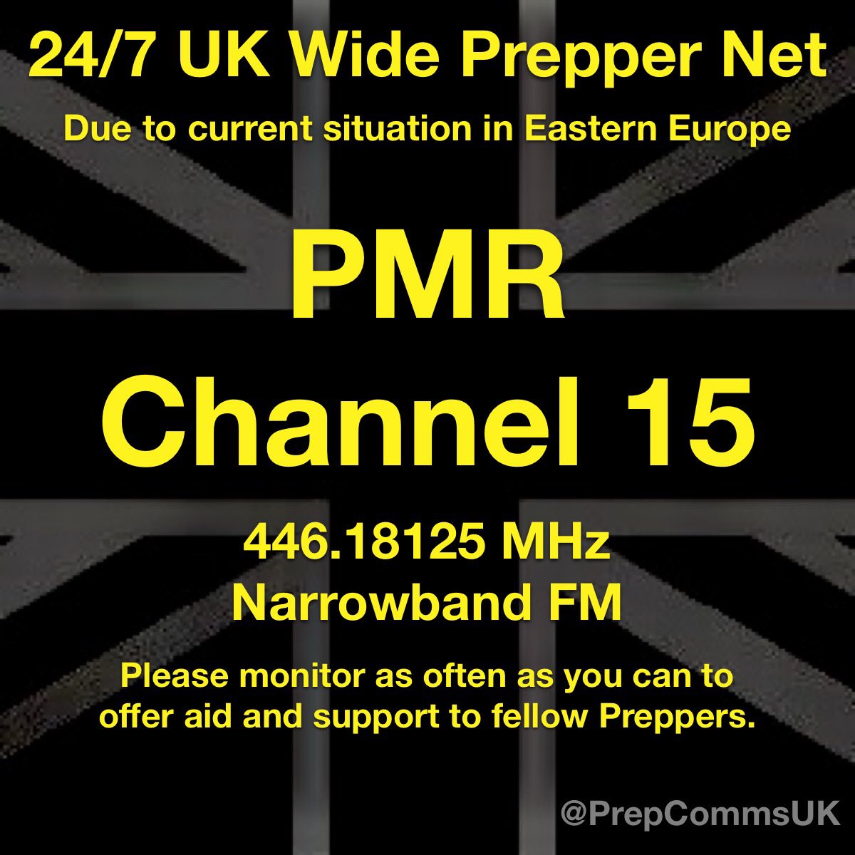 PrepCommsUK's tweet photo. PLEASE SHARE. Please monitor PMR Channel 15 due to the current security situation. Consider aid and support for fellow Preppers. No names. No misinformation. Assistance can be found at https://t.co/J5gdbG1Bp8 #prepping #prepcommsuk https://t.co/yby322N82B