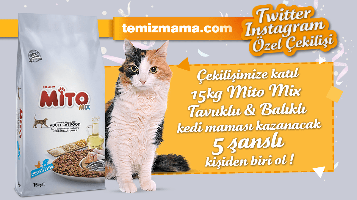 temizmamacom's tweet photo. Temizmama'dan #Mito Kedi Maması Çekilişi!

5 takipçimize 15 kg Mito Mix Kedi Maması hediye ediyoruz. 🎁

Yapman gerekenler çok basit:
✔️Hesabımızı takip et 👍
✔️Tweeti RT'le 🔁
✔️Tweetin altında 1 arkadaşını etiketle💬

Kazanan takipçilerimiz 2 Mart Çarşamba günü açıklanacaktır😉 https://t.co/YD6cuLB16F
