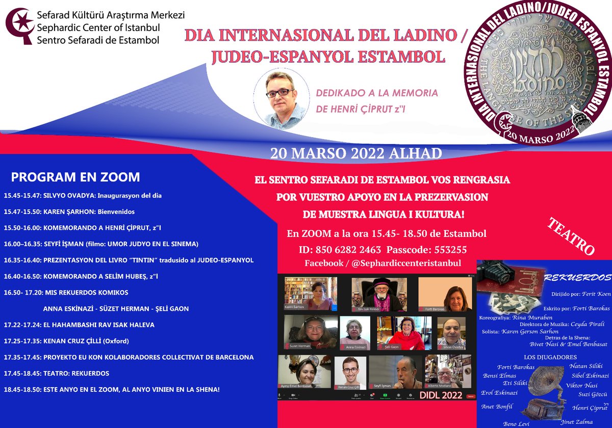 sefaraditurkey's tweet photo. El Dia Internasional del Ladino/JE, Estambol, 2022 Este anyo vamos a selebrar el DIDL de Estambol el 20 Marso a las 15:45 (de Estambol) [06:45 Dallas 07:45 New York 9:45 Buenos Aires 13:45 Paris 14:45 Israel] ZOOM: https://t.co/z4V1Cww02M
 Facebook:
https://t.co/seP5zMmUIw https://t.co/0c2NIpIoZN