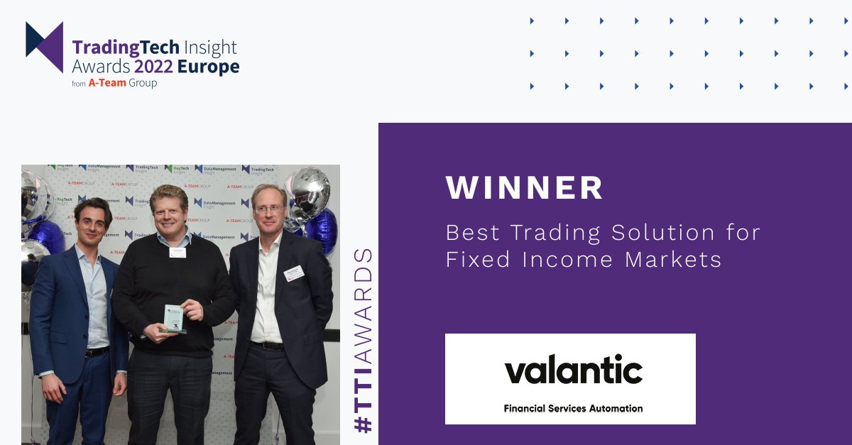 ATeamInsight's tweet photo. We're pleased to have awarded the 2022 TradingTech Insight Award Europe for Best Trading Solution for Fixed Income Markets to @valantic_FSA!
Winners' Report: https://t.co/aMMEAzFp1x
#TTIawards #tradingtech #tradingsolutions #fixedincomemarkets https://t.co/m547qlaTDk
