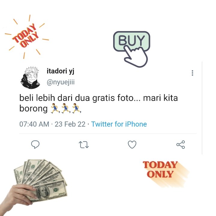 seshyue's tweet photo. #SUKUITA LOKAL AU

「 Kanemochi 」

Tentang Sukuna yang selalu magang (mahasiswa berdagang) di kampus buat nambah uang jajan dan memiliki pelanggan setia bernama Yuuji.

“𝘬𝘢𝘬 𝘴𝘶𝘬𝘶𝘯𝘢, 𝘬𝘢𝘭𝘰 𝘨𝘶𝘦 𝘮𝘢𝘶 𝘣𝘰𝘳𝘰𝘯𝘨 𝘴𝘦𝘮𝘶𝘢 𝘫𝘶𝘢𝘭𝘢𝘯 𝘭𝘰 𝘣𝘪𝘴𝘢 𝘯𝘨𝘨𝘢?” https://t.co/2RYyuTYufk