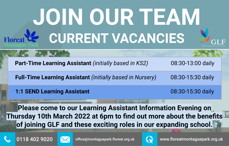 As we continue to grow and expand, we have opportunities to join our hard working and dedicated team of Learning Assistants. We will be holding an Information Evening for these roles on Thursday 10th March at 6pm.
<a href="/GLFSchools/">GLF Schools</a> @GLFjobs eteach.com/careers/florea…