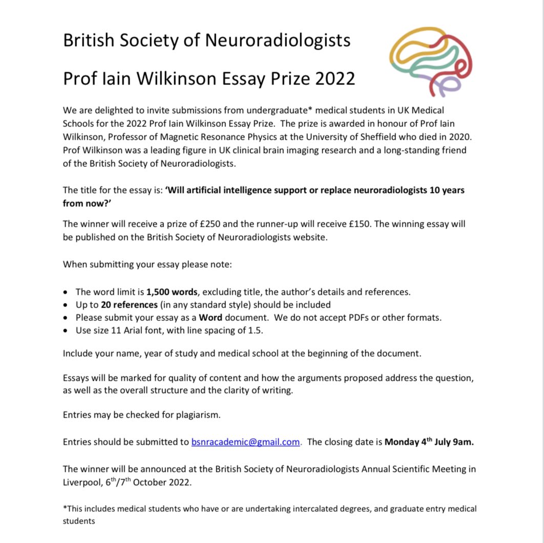 BSNR (@thebsnr) on Twitter photo To all budding neuroradiologists! We are pleased to announce our inaugural undergraduate essay competition, the Prof Iain Wilkinson Essay Prize. Deadline is 4th July 2022. Looking forward to reading your responses! Find out more and submit here: bsnr.org.uk/academic/under… <a href="/NANSIG1/">NANSIG (Neurology and Neurosurgery Interest Group)</a> To all budding neuroradiologists! We are pleased to announce our inaugural undergraduate essay competition, the Prof Iain Wilkinson Essay Prize. Deadline is 4th July 2022. Looking forward to reading your responses! Find out more and submit here: bsnr.org.uk/academic/under… <a href="/NANSIG1/">NANSIG (Neurology and Neurosurgery Interest Group)</a>