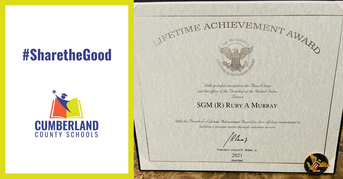 Congratulations SGM (R) Ruby A. Murray, South View High School JROTC Instructor for being honored with the President Of The United States Lifetime Achievement Award! #KeepItUpCumberland #SharetheGood