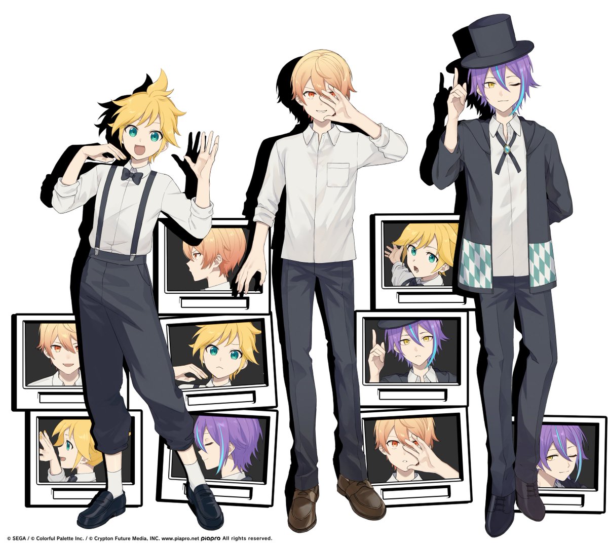 multiple boys purple hair blonde hair hat white shirt shirt male focus  illustration images