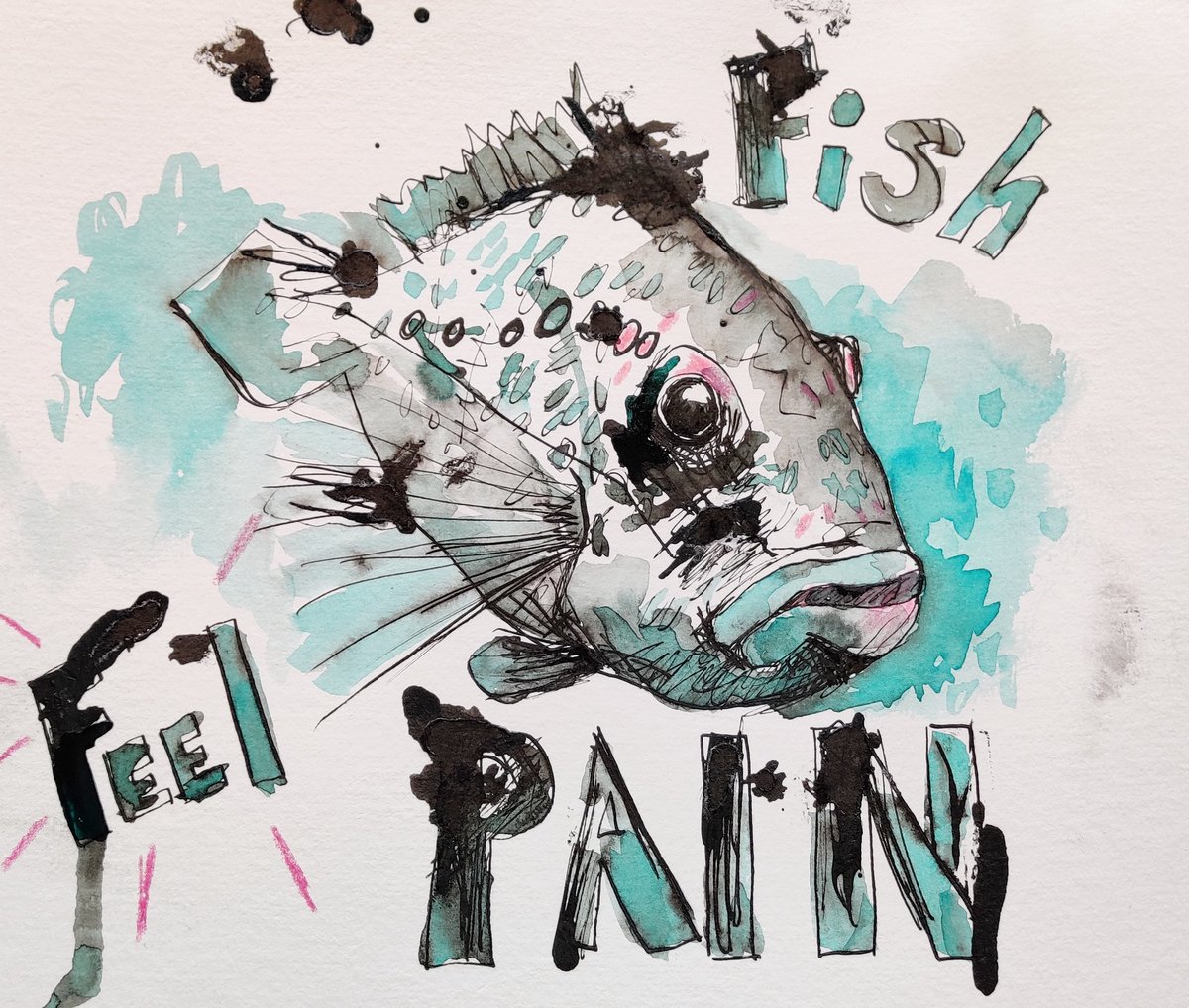 mandascats's tweet photo. Bit of expressive mark making and watercolour wash ... #fishfeelpain #art #Watercolour #penandink #sendingloveukraine https://t.co/Hj1lVIcnZM