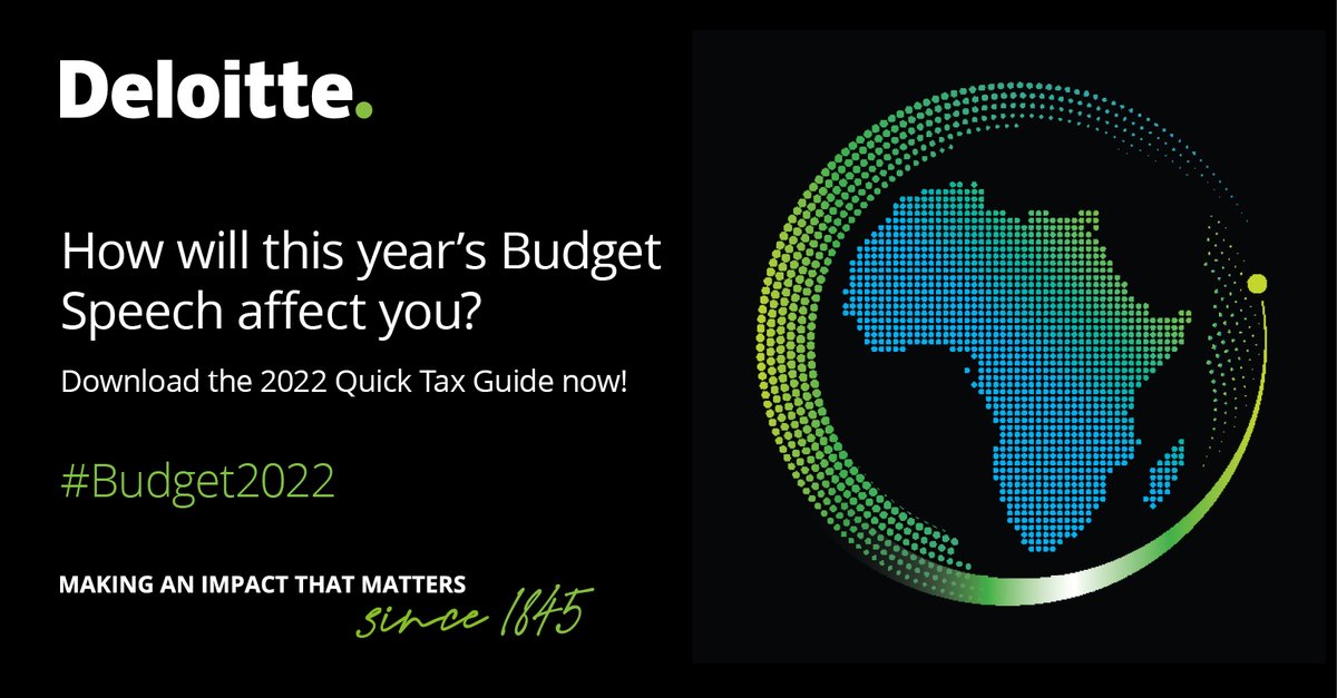 DeloitteSA's tweet image. #Budget2022 Deloitte Africa Quick Tax Guide 2022/23 – Our pocket-style guide contains the latest tax tables, rates and key tax changes for the 2022/23 fiscal year&amp;gt; #navigateuncertainty. 
deloi.tt/35qDH21