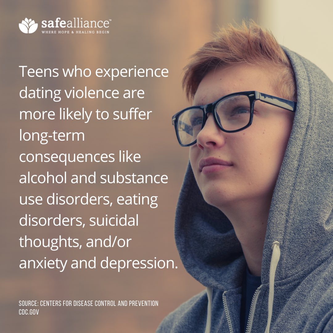 According to <a href="/CDCgov/">CDC</a>, teens who experience #datingviolence are more likely to suffer long-term consequences like alcohol and substance use disorders, eating disorders, suicidal thoughts, and/or anxiety + depression. #SafeAllianceCLT #TDVAM #teendatingviolence