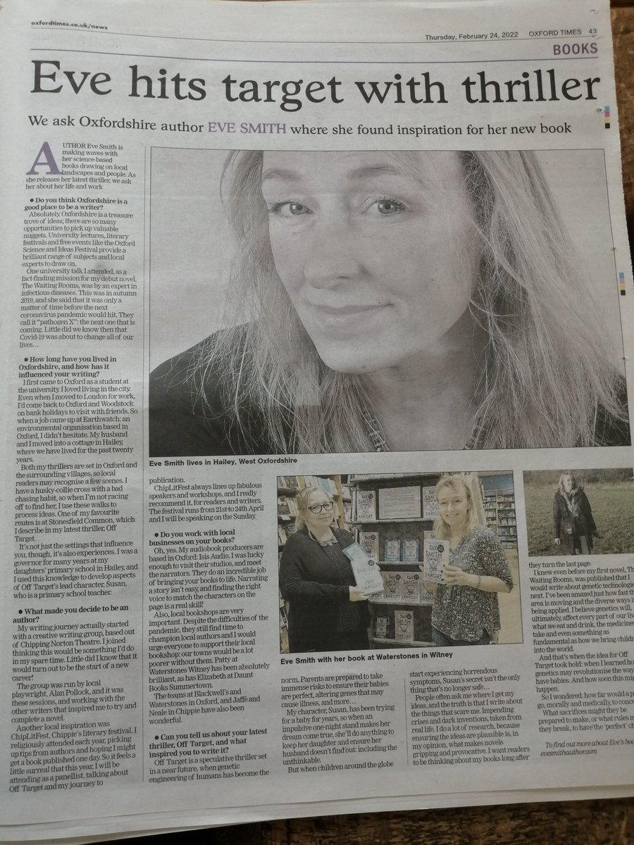 Thanks to <a href="/oxfordtimes/">Oxford Times</a> for their wonderful feature, where I discuss #Oxfordshire's amazing support for writers, the #bookshops &amp; #festivals that helped me along the way, and what inspired me to write my latest genetic thriller #OffTarget. 
Can order here: bit.ly/36tjpVX