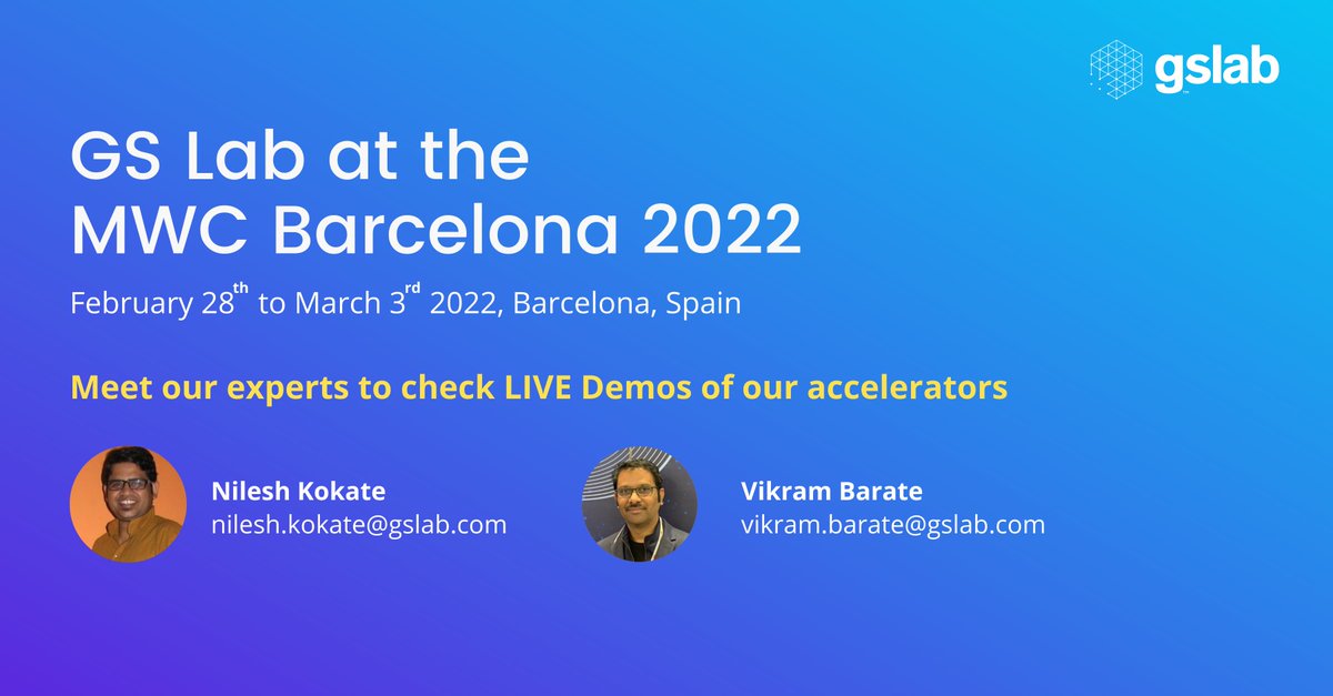 GS Lab (@_gslab) on Twitter photo We are eager to meet you at the <a href="/MWCapital/">Mobile World Capital Barcelona</a> and share our work in #opensource, software-defined, and #cloudnative environment with technologies like O-RAN,#LTE #EPC, #5G Core, CUPS, MEC, and Edge.
Book your meeting now:gslab.com/events/gs-lab-…
#gslab #MWC22 We are eager to meet you at the <a href="/MWCapital/">Mobile World Capital Barcelona</a> and share our work in #opensource, software-defined, and #cloudnative environment with technologies like O-RAN,#LTE #EPC, #5G Core, CUPS, MEC, and Edge.
Book your meeting now:gslab.com/events/gs-lab-…
#gslab #MWC22