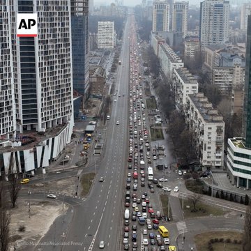 Traffic jams are seen as people leave the city of Kyiv, Ukraine.