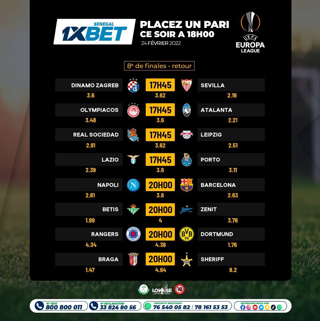 1XBETSENEGALOF's tweet photo. Which team will make the différente this afternoon⚽️? Donner le score exact de chaque match 𝙂𝙊𝙊𝙊 𝙂𝙐𝙔𝙎!!! @kf1011 @PapeDioufPDG  #1xbetsport #1xbet⚽️🏀🏈⚾️ #europaleague https://t.co/5NGj3m48JA