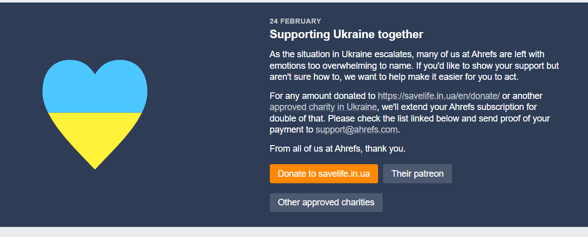 Owain_LW's tweet photo. A lot to process on this dark, dark day though just logged in and this stopped me in my tracks. Nice touch @ahrefs. 

Links to donate: https://t.co/drtvkJ81J2
https://t.co/XXy6Bnsv6s

🇺🇦🇺🇦🇺🇦🇺🇦🇺🇦 https://t.co/2DPRaeGwKK