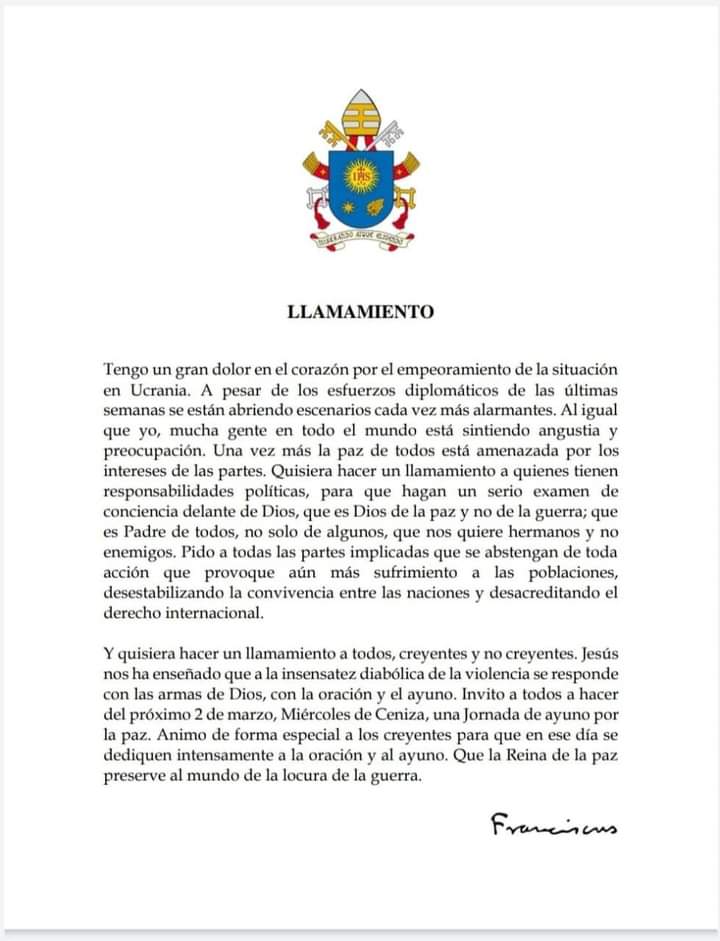 Desde nuestra hermandad nos sumamos al llamamiento del Santo Padre Papa Francisco y nos unimos en oración para el cese del conflicto.

"Que nuestro padre Jesús de las Tres Caídas y María Santísima de las Angustias preserven al mundo de la locura de la guerra".