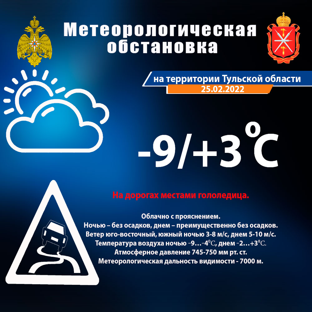 На сайте ГУ #МЧС России доступен ежедневный оперативный #прогноз возникновения и развития #ЧС на 25.02.2022 года
71.mchs.gov.ru/deyatelnost/pr…