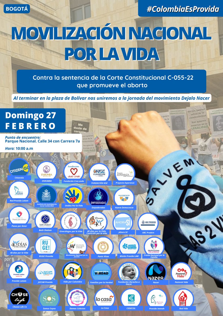 MNFamilia's tweet photo. Frente a la sentencia de la @CConstitucional mostraremos nuestro rechazo nacional en las calles. En Bogotá domingo 27 a partir de las 10:00 am desde el parque nacional, hasta la plaza de Bolívar. A las 2:00 p.m. nos uniremos en plantón con varias denominaciones
#ColombiaEsProvida https://t.co/sxQAei8siN