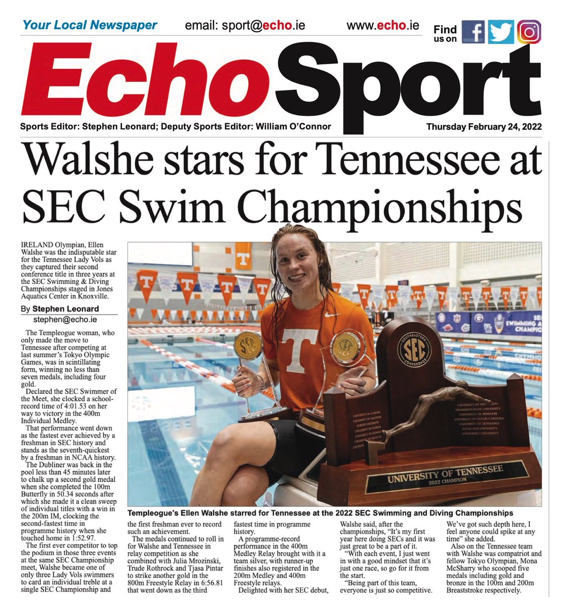 TEAMTSCSWIM's tweet image. A great report on @walsheellen performances as part of the @Vol_SwimDive TEAM that won @SEC last weekend. 🧡🧡
Thanks to @TheEchoOnline for their continued support of #LocalAthletes #funfastfearless
