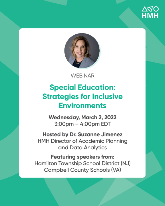 Join @HMHco and <a href="/edwebnet/">edWeb.net</a> on March 3 for Special Education: Strategies for Inclusive Environments hosted by <a href="/sjimenez99/">Suzanne Jimenez</a>.

Register here: spr.ly/6011KkIEB

This webinar will be of interest to middle and high school teachers, #edlleaders, and #specialeducation educators.