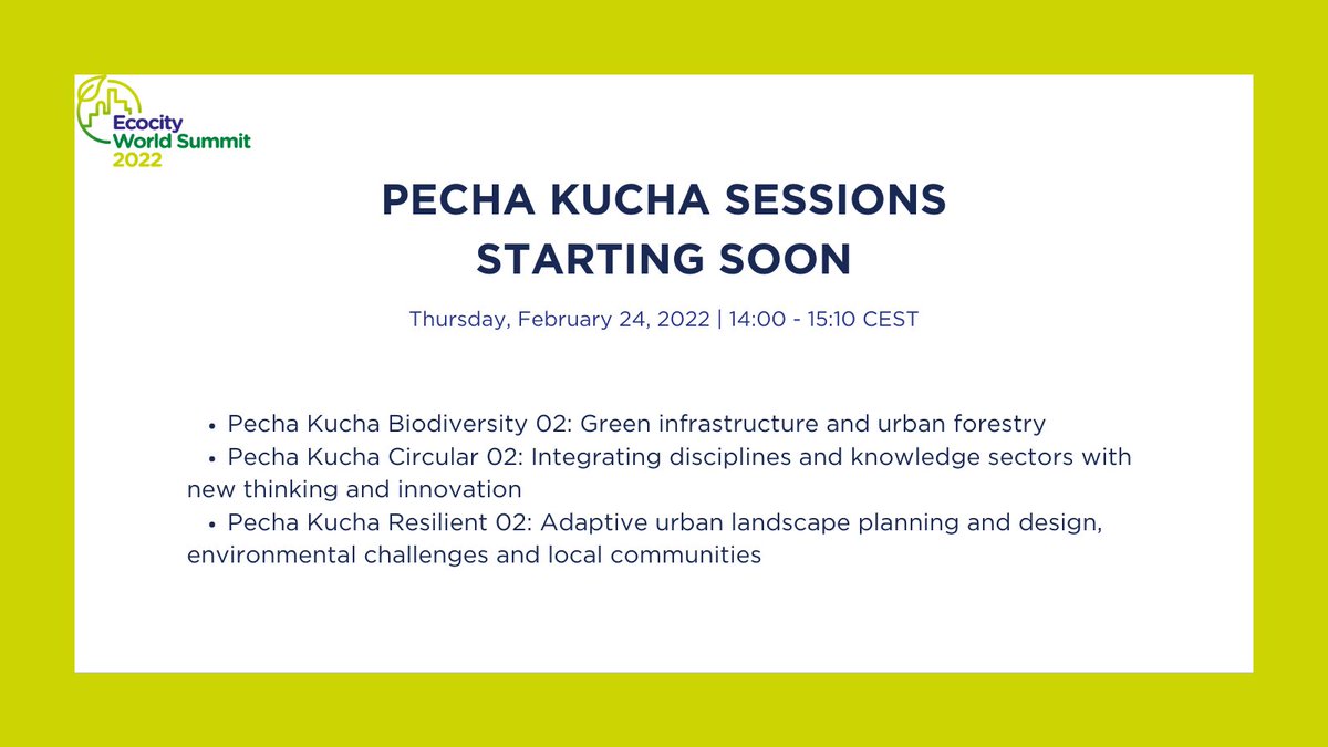 ecocitysummit's tweet photo. Pecha Kucha sessions start soon, don't miss it!π€©
πStarting shortly at 14:00
Choose which one you will attend and log in! https://t.co/qhtF6ycMTu
@ecocitybuilders #Ecocity2022 @dobbelska @nicotillie72 @earthtonadina #sustainablecities #urbandesign #futuretowns #climatechange https://t.co/elDXbpa8RO