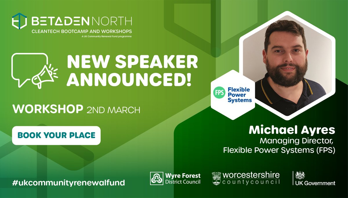 BetadenNorth's tweet image. Hear from our guest speaker Michael Ayres from @FPS_power at our workshop on 2nd March 📅 His expertise is in clean technology, helping businesses develop technology and analyse complex energy problems. Book your place: bit.ly/3haldFl
#UKCommunityRenewalFund #Cleantech