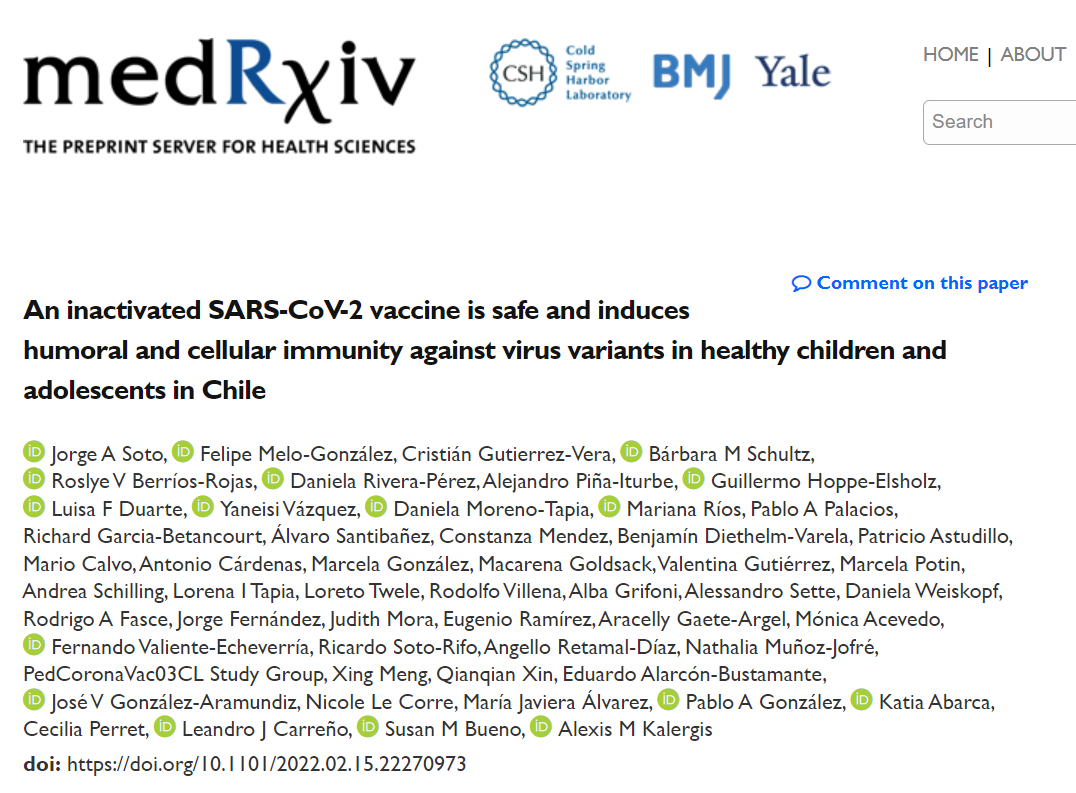 El estudio pediátrico de 💉Sinovac conducido por @inmunologiae y la UC junto a Ues y hospitales en Stgo, Valparaíso, Antofagasta, Valdivia y Pto. Montt, continúa contribuyendo con evidencia de valor global sobre la seguridad e inmunogenicidad de la vacuna👇medrxiv.org/content/10.110…
