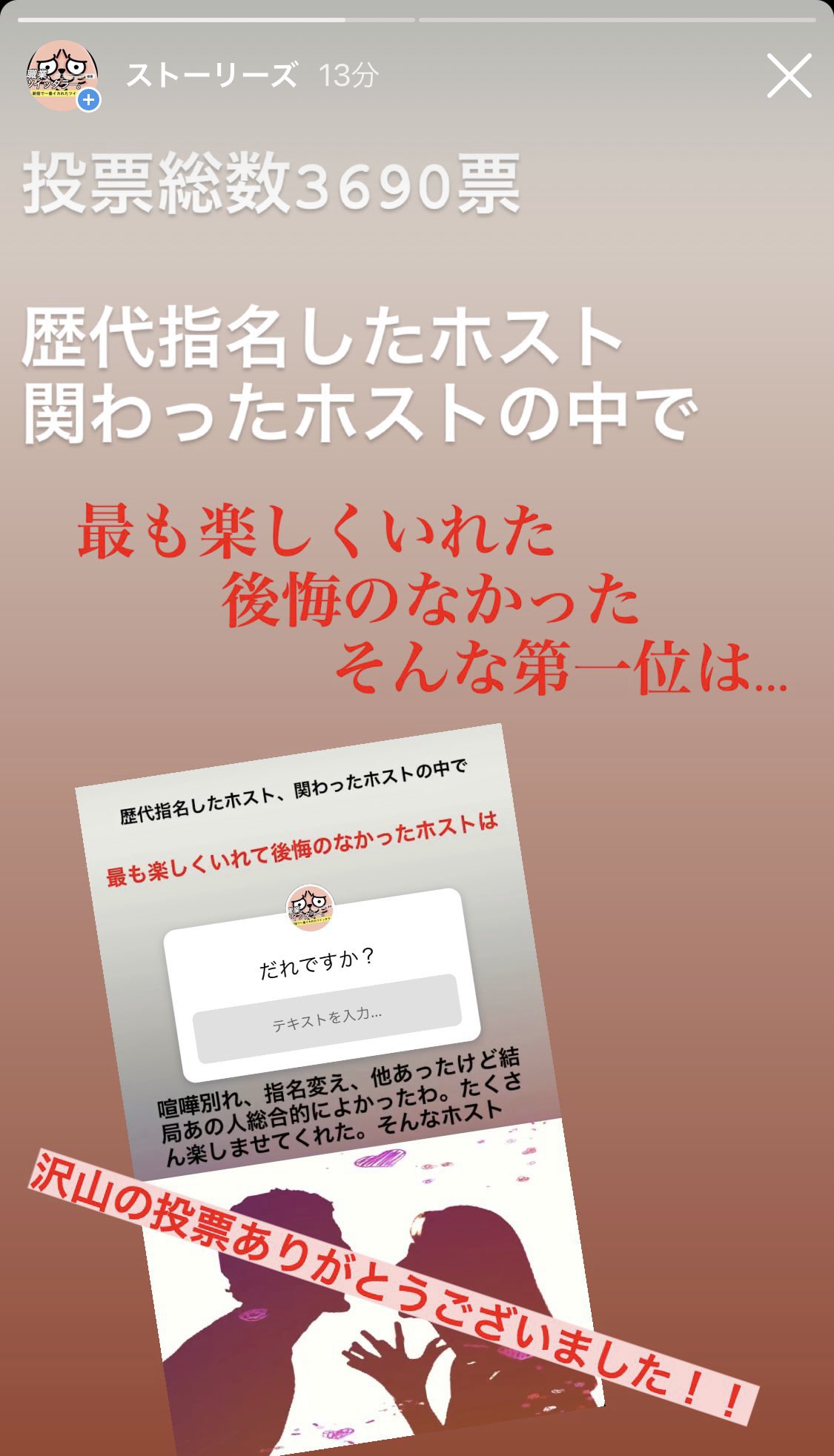 新宿の女 Official 歴代指名したホストの中で 関わってきたホストの中で 最もたのしくいれた 後悔しなかった そんなホストの第一位 決まりました どうぞ T Co Xhmuauogoi 総投票3690 あのね しっっつぬほど割れた これは本当