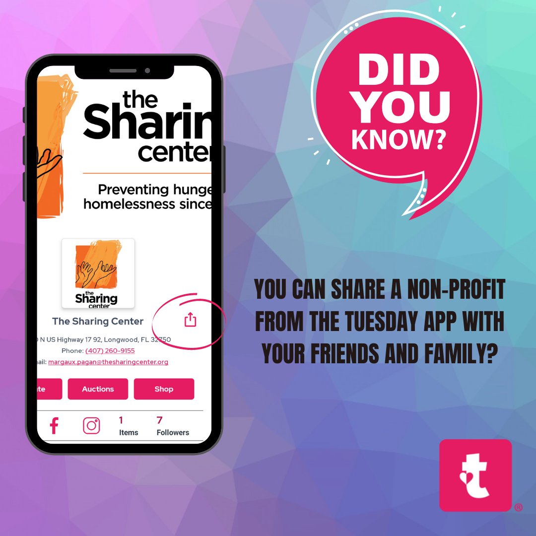 thetuesdayapp's tweet photo. #DidYouKnow you can share a #nonprofits profile with anyone, whether they are on #TheTuesdayApp or not, with just a click of a button? Download the app today and experience more fun and easy features! #App #Tech #Features #TuesdayLove https://t.co/JgssXtdaQS