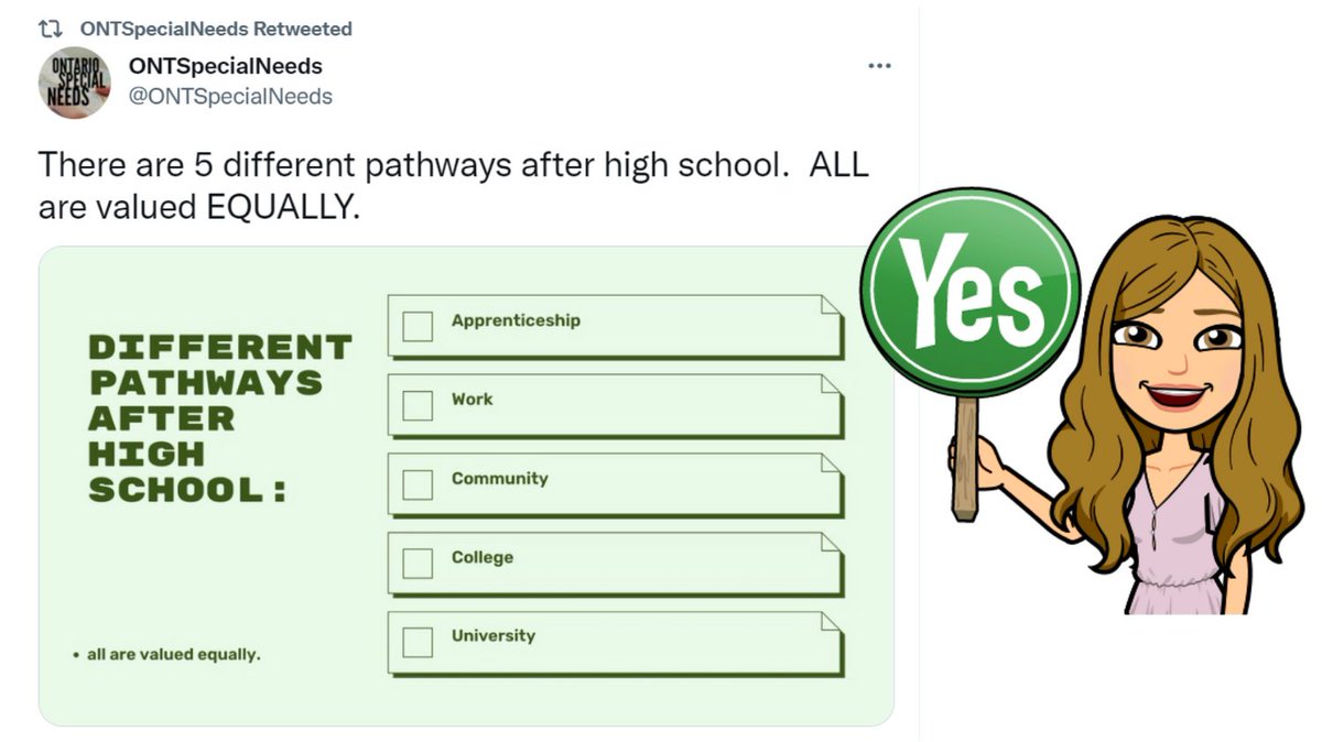 MariaVerwey1's tweet photo. Yes!  "ALL are valued EQUALLY!" This is a shift in thinking for some, but it is 100% true! If you have any questions, see your classroom teacher or Learning Resource Teacher! @DiamondTrailPS @mrrumsby @carissabec  @EastdaleWelland @ONTSpecialNeeds  #DSBN #highschoolpride https://t.co/ghZ8YPqCG1