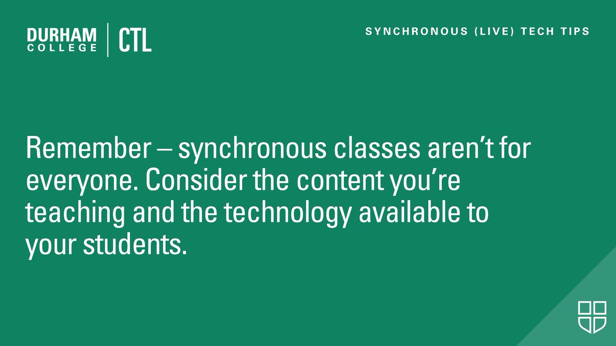 TheDCCTL's tweet photo. In this Synchronous (Live) #TechTips: Remember – synchronous classes aren’t for everyone. Consider the content you’re teaching and the technology available to your students. #CTLTips https://t.co/Ff5HnMmi3K