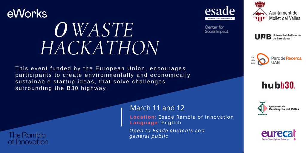 CecBarcelona's tweet photo. eWorks (EEI) y el Esade Center for social impact organizan la 0Waste Hackathon. https://t.co/a0JhItcHxf). https://t.co/Fq2BTFn3LS