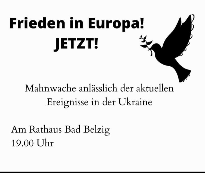 Heute um 19 Uhr findet in #BadBelzig eine Mahnwache für Frieden in Europa statt. Rathausplatz. Kommt zahlreich #Stopwar #StandWithUkraine