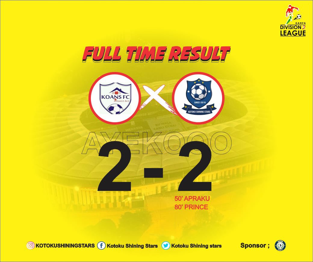 KotokuStars's tweet photo. POINTS SHARED 🤝

KOANS FC 2️⃣-2️⃣ KOTOKU SHINING STARS

🔵⚪️🟡 #KSS #Shiningstars #GarfaDivisionTwo #OneDreamOneVision ⚽️🇬🇭 https://t.co/flYdzmIis2