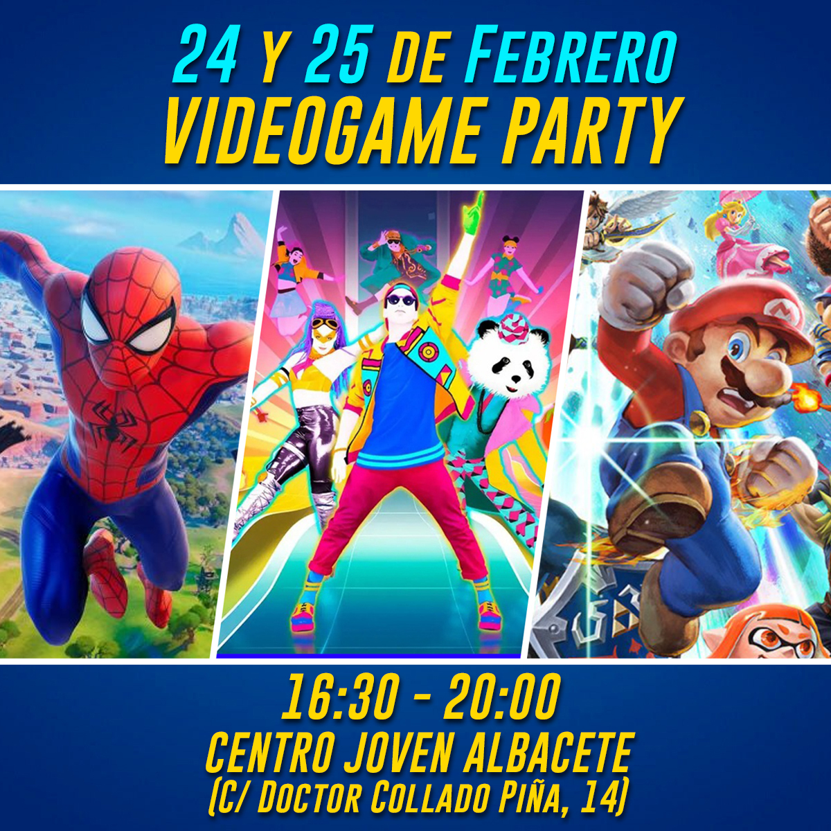 cij_albacete's tweet photo. VIDEOGAME PARTY en #JUEVESLARDERO
Días 24 y 25 de febrero. De 16.30 a 20 h. en el #CJA
🎮 Zona PS4 y Nintendo Switch, varios juegos.
🏆 Torneos
Día 24: Super Smash Bros Ultimate y Just Dance 2022
Día 25: Fifa 22 y Mario Kart 8 Deluxe.
Inscripción directa en el CJA de 16:30 a 17h. https://t.co/DZQbfop1Ab