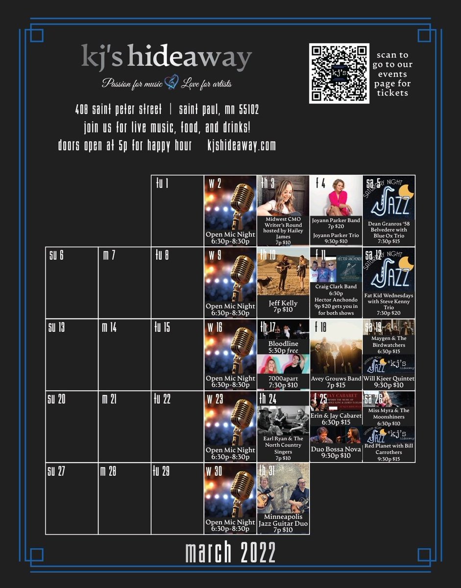 Our March calander is set! Click the link to eventbrite below for tickets! 
Note: March 17th we will be opened early with LIVE music all day! More details coming soon🍀

eventbrite.com/d/mn--st-paul/…