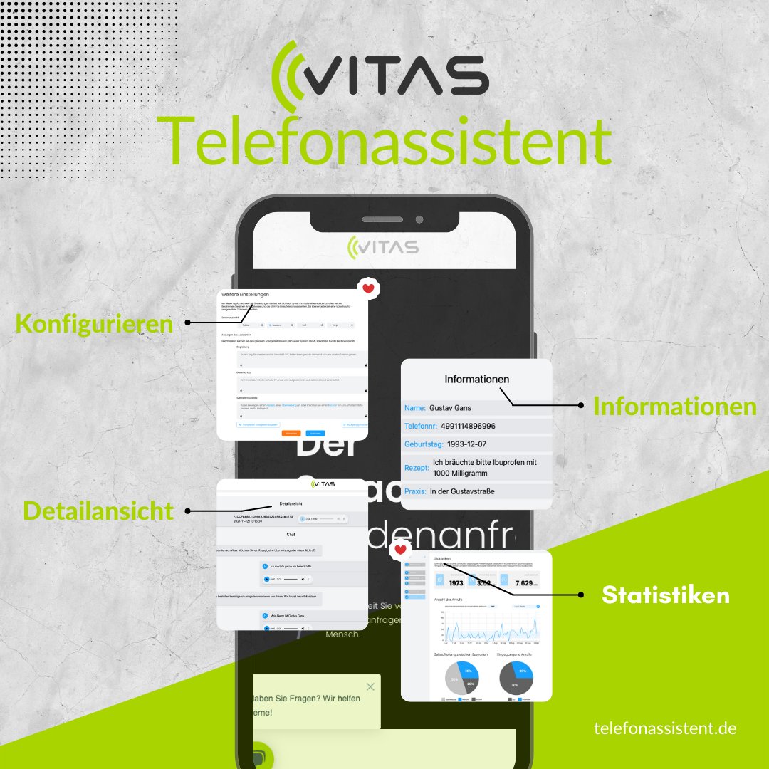 vitasassistant's tweet photo. Was sollte ein #Telefonassistent können, um Mehrwert zu bieten? 🤔

Klar, er sollte eingehende #Anrufe 📞🤖 übernehmen, aber er kann noch viel mehr!

Überzeug dich selbst auf https://t.co/HUV1wmkQhU 

#telefonischeentlastung #startup #nürnberg #ki https://t.co/Dy2cWP9vqn